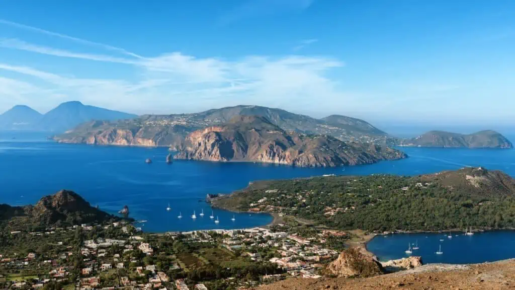 View of Vulcano and Lipari Aeolian Islands in Sicily, Italy
