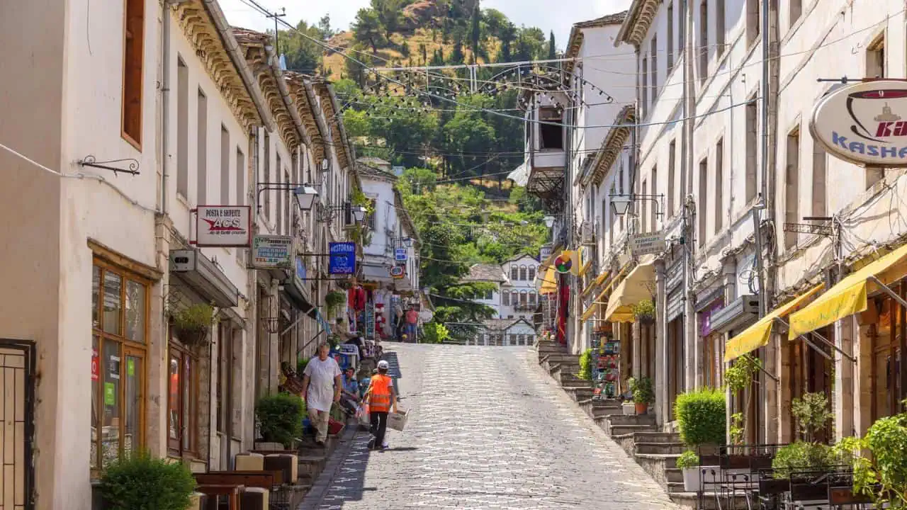 View of main street of historic town Gjirokasteron in Gjirokaster